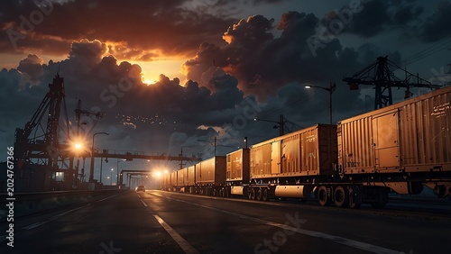 Freight Train with Cargo Containers Driving on Logistics Route Along Industrial Shipping Port and Crane Silhouettes at Dramatic Sunset Sky Cinematic Commercial Photography