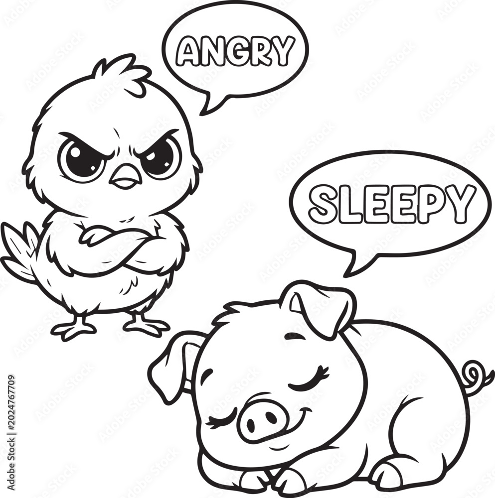 Fototapeta premium Cartoon characters of angry chick and sleepy pig with speech bubbles in simple line art vector style for children coloring book page design.