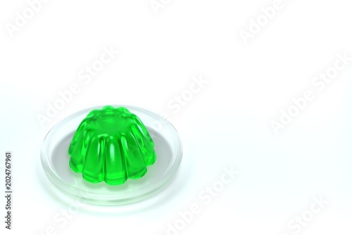 Konstfotografi Green jelly dessert on glass plate, isometric view, white background, 3D renderi