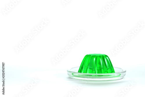 Photos Green jelly dessert on glass plate, side view, white background, 3D rendering
