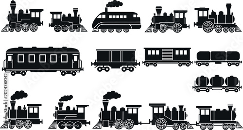 Bild auf Leinwand Vintage train silhouette collection featuring steam locomotives railway wagons a