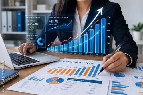 Woman analyzes financial reports and charts on a desk with a laptop, highlighting revenue growth and market analysis