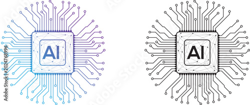 AI microchip with abstract circuit board vector icon design.