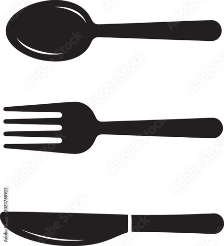 Φωτογραφία Set of three black flatware including spoon, fork, and knife also transparent ba