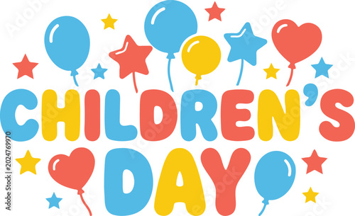 Colorful children's day celebration text with balloons Vector