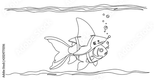 Slika na platnu Goldfish swimming with small shark strapped to its back surreal line art