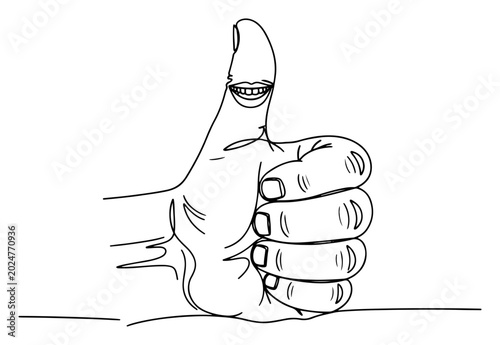 Tableau sur toile Hand showing thumbs up gesture with smiling mouth on thumb in minimalist continu