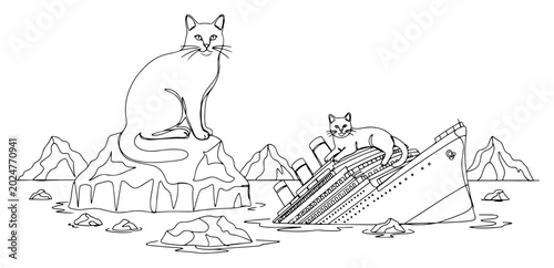 Fényképezés Two giant cats playing on sinking ship and iceberg in minimalist line art style
