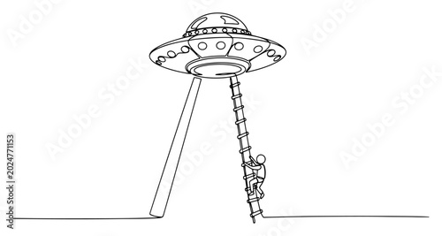 Fotografie Person climbing a ladder into a UFO flying saucer in minimalist one line art sty