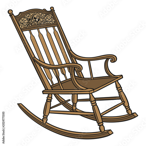 Tableau sur toile A photorealistic image of an antique wooden rocking chair with ornate carvings on the backrest and a rich brown polished finish