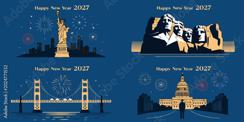 USA, US, U.S, United States - Happy new year 2027 greeting card set with famous american landmarks statue of liberty mount rushmore golden gate bridge and us capitol building with fireworks