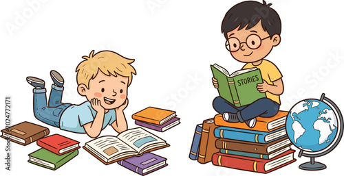 Cute Boys Reading Books Cartoon Vector Illustration Featuring Learning Education Geography And Childhood Study Activities