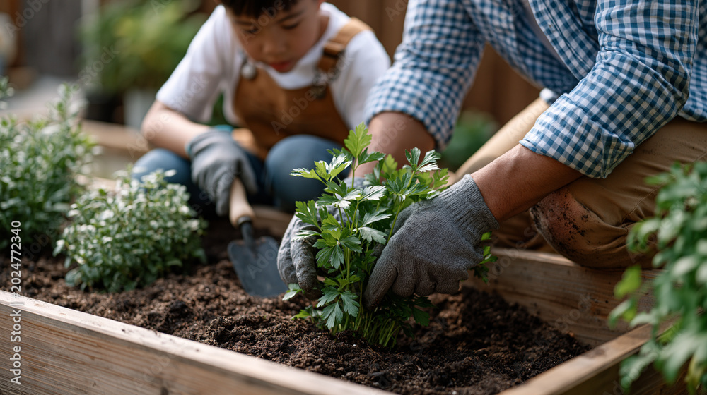 Fototapeta premium Young child helping parent plant herbs in raised backyard garden bed on a June morning, both wearing gardening gloves, trowels in hand, soil-dusted knees suggesting genuine engagement with home grow