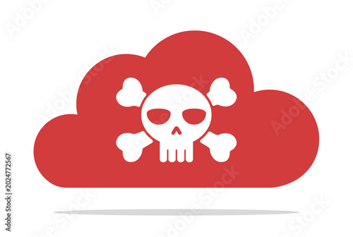 Red cloud with a white skull. Hacked cloud database. Virus and cyberattack. Cybersecurity breach. Illustration in flat design style.