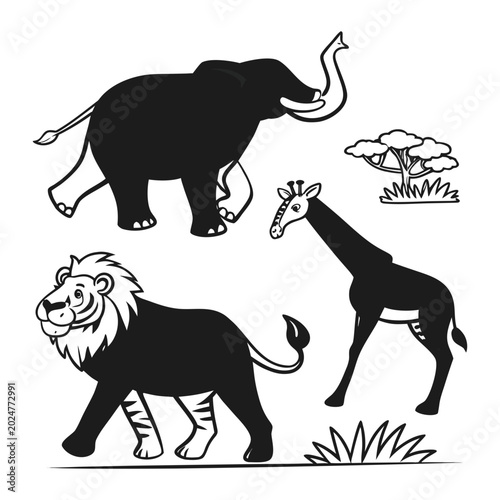 Photography African safari animals: elephant lion giraffe illustration with safari park big