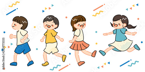 Fotografía 笑顔で元気に走り回る子どもたちのイラスト（ポップカラー）