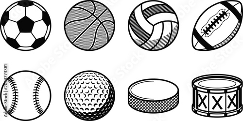 Obraz na płótnie Black and White Sports Equipment Vector Icon Set with Soccer Basketball Volleyba