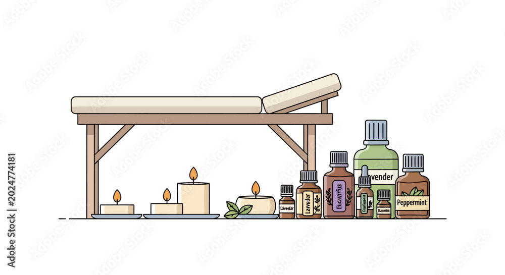 Naklejka premium Aromatherapy essentials on massage table with candles and oils