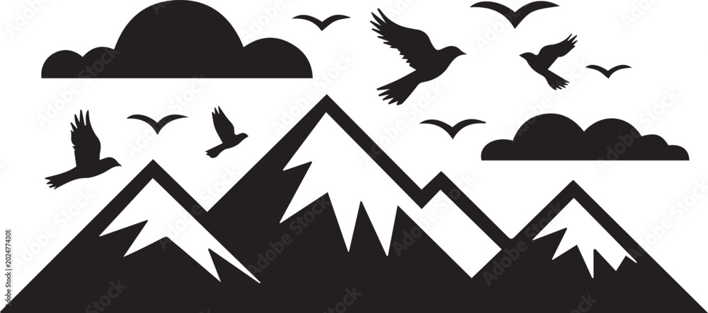 Fototapeta premium Mountain range silhouette with flying birds and clouds vector illustration for minimalist nature background and outdoor design.