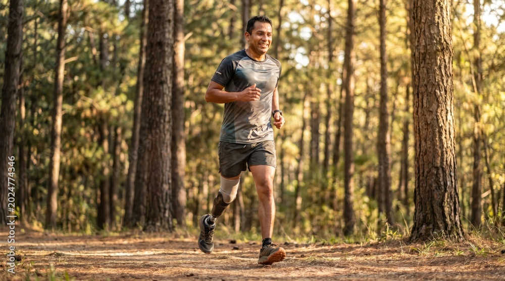 Fototapeta premium Man trail running through forest path during golden hour
