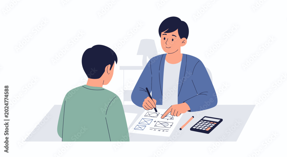 Obraz premium Two people discussing a document at a desk with calculator and pencil