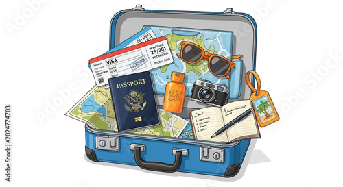 Fotografía Essential travel gear in a packed suitcase highlighting adventure essentials