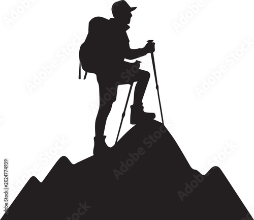 Silhouette of hiker with backpack and poles standing on mountain peak with scenic view.