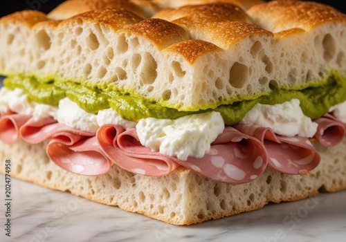 Gourmet focaccia sandwich with mortadella, burrata, and pistachio pesto