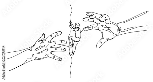Cuadro en lienzo Man climbing steep mountain wall between two giant hands in continuous line art