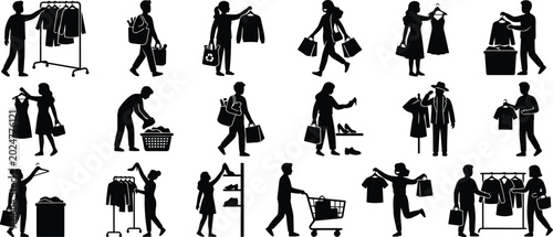 Konstfotografi People shopping and organizing clothes in store isolated on white background, Ve