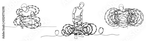 Fotografie Man trapped in barbed wire coils representing depression or restriction in conti