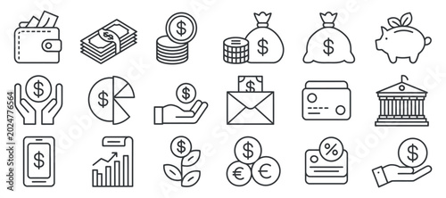 finance icons set line art depicting money banking and investment