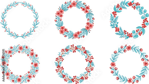 Photos Floral Wreath Vector Icon Set with Christmas Red Berries and Blue Botanical Leav