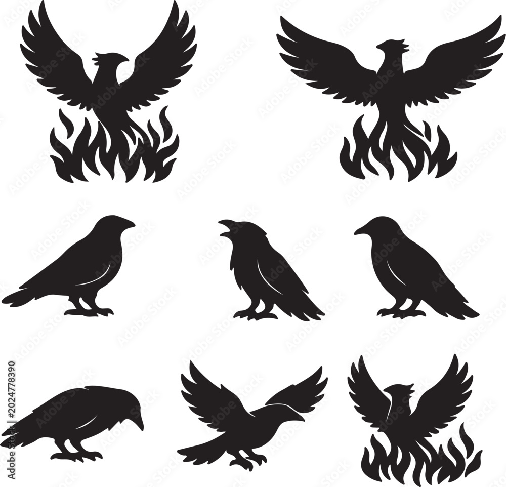 Fototapeta premium Phoenix bird rising from flames silhouette vector illustration set