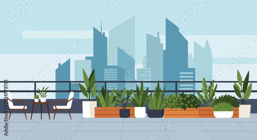 Potted plants on a rooftop terrace.