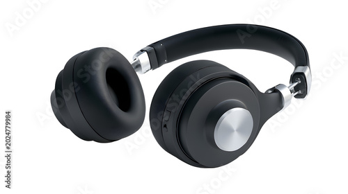 Modern wireless headphones with matte black finish and premium metallic accents, realistic tech product photography, isolated on white background