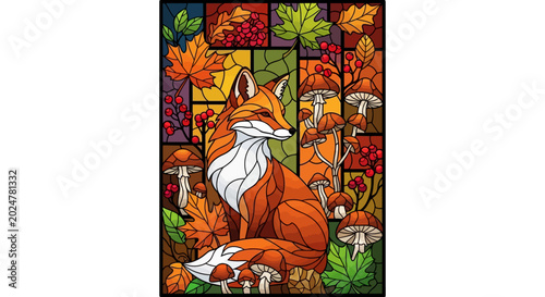 Stained glass autumn fox with mushrooms and leaves design