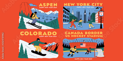 USA, US, U.S, United States - Set of four travel and winter sports illustrations featuring aspen, new york city, colorado and canada border with people skiing, skating and playing hockey
