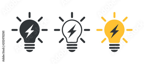 Foto lightbulb icons with lightning bolt black outline and yellow styles