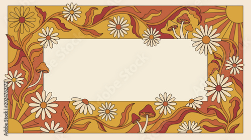 Groovy 1970s psychedelic retro frame with hand drawn daisies and mushrooms on vintage orange wavy background, symbolizing creative poster design and illustrating nostalgic greeting cards