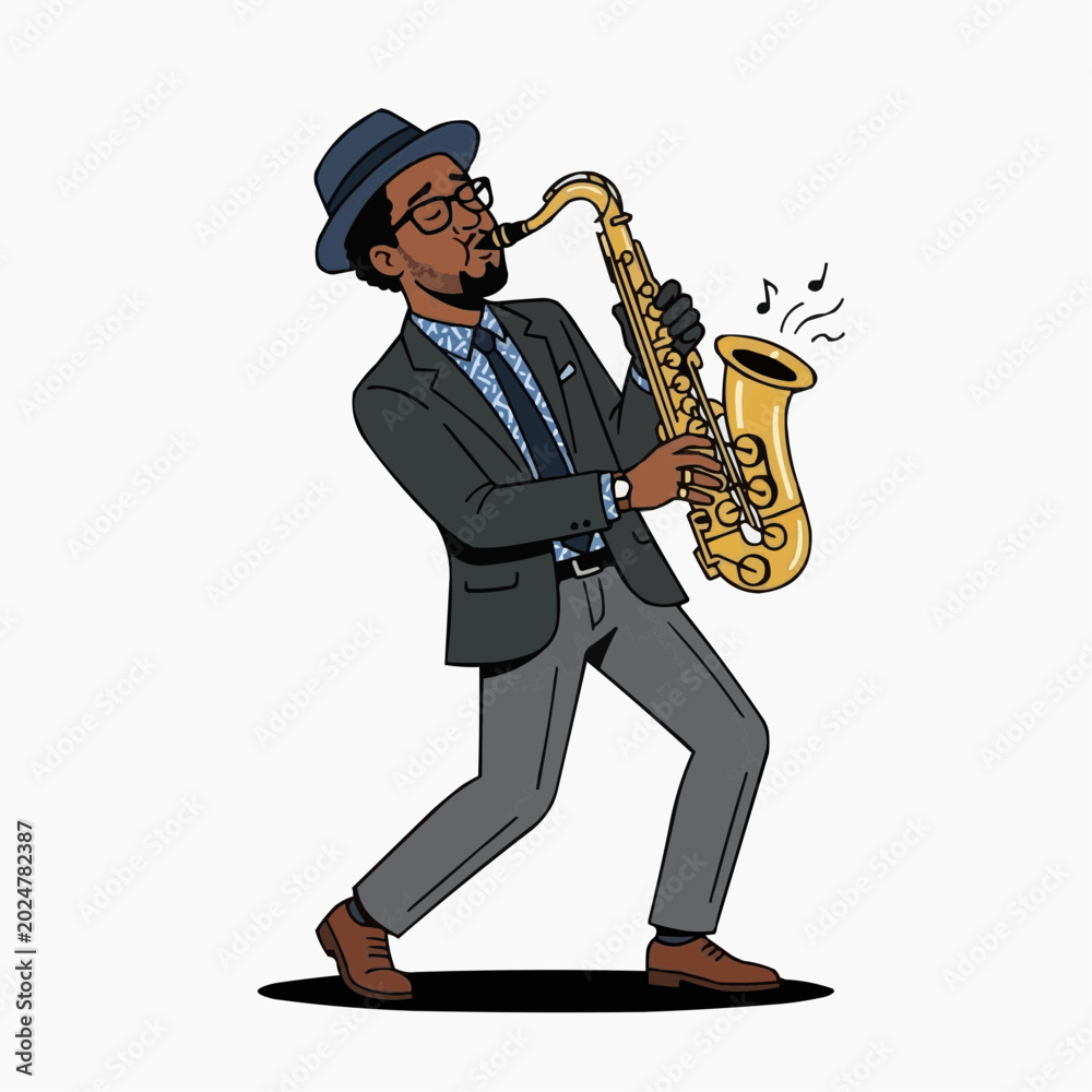 Fototapeta premium Jazz musician playing saxophone in a suit and hat with musical notes