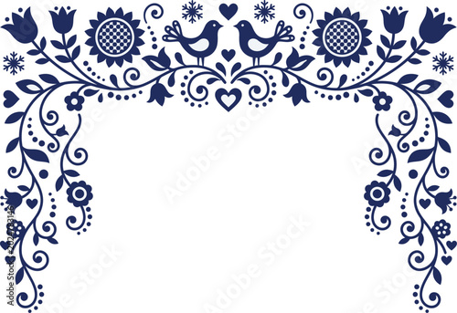 Scandinavian Folk Art Floral Corner Border – Navy Blue Decorative Frame with Birds and Flowers
