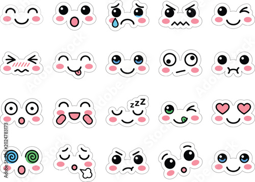 Kawaii Cute Face Expression Sticker Set – Anime Emoticon Collection on Cream Background