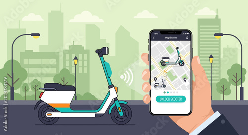 Hand holding smartphone with scooter app.