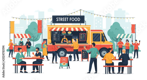 People eating at outdoor food truck.