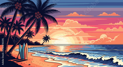 Palm trees on a beach shore.