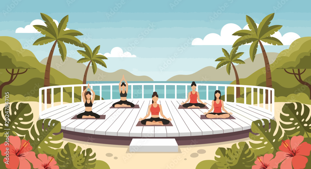 Fototapeta premium People doing yoga on deck.