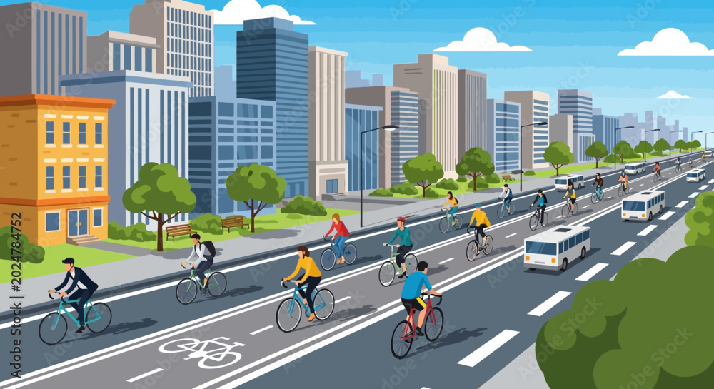 Naklejka premium People Riding Bicycles on Roadway Lane.