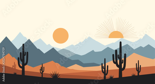 Cactus plants in desert landscape scene.