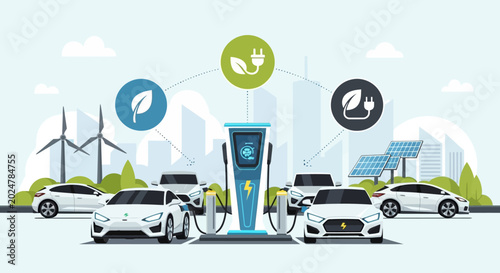 Electric cars charging at station.